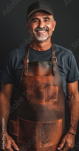 Portrait of a smiling man, male BBQ expert with an apron, arms confidently crossed. He is wearing a casual black cap, exuding warmth and professionalism. Perfect for use in marketing campaigns 