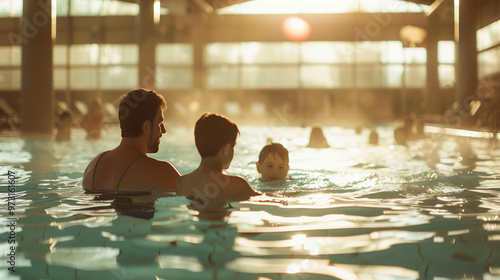 Adults and children enjoy swimming together at a bright indoor pool during a sunny afternoon session photo