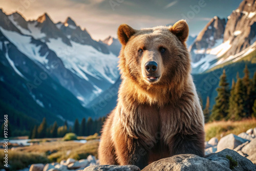 A Grizzly Bear Sitting on a Rock with a Mountainous Background