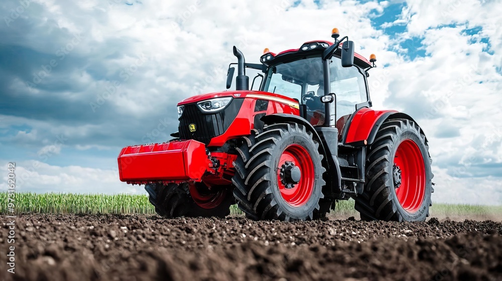 Obraz premium Modern red tractor working in a field.