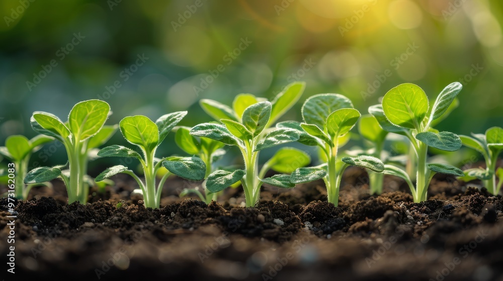 A cluster of new seedlings emerging from the soil, with a focus on the fresh green leaves and the rich, earthy texture of the soil. Close-up photo with clean background A cluster of new seedlings emerging from the soil, with a focus on the fresh green leaves and the rich, earthy texture of the soil. Close-up photo with clean background