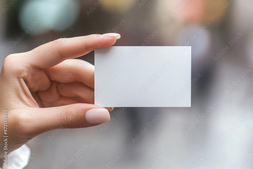 Close-up photo of a woman's hand holding a blank business card, wearing a white shirt, with a blurred background and a bokeh effect, captured in natural light Generative AI Close-up photo of a woman's hand holding a blank business card, wearing a white shirt, with a blurred background and a bokeh effect, captured in natural light Generative AI