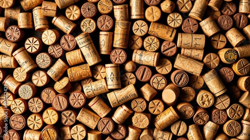 A close-up shot of a mosaic of wine corks on a richly textured surface, with intricate patterns and varied hues of brown and gold emerging from the small, tightly corked containers. photo