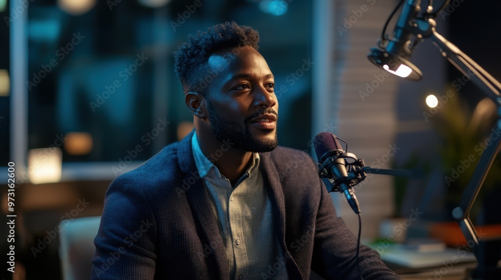 European male podcast host in a modern studio setting, smiling confidently with professional recording equipment and headphones European male podcast host in a modern studio setting, smiling confidently with professional recording equipment and headphones