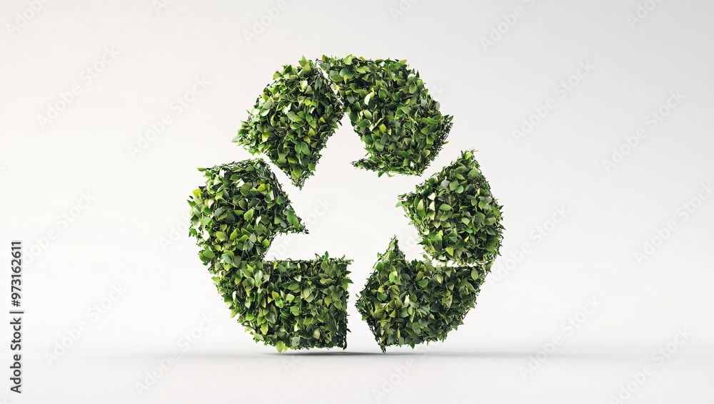 Green leaves arranged in a recycling symbol, representing sustainability and environmental awareness in modern design Green leaves arranged in a recycling symbol, representing sustainability and environmental awareness in modern design