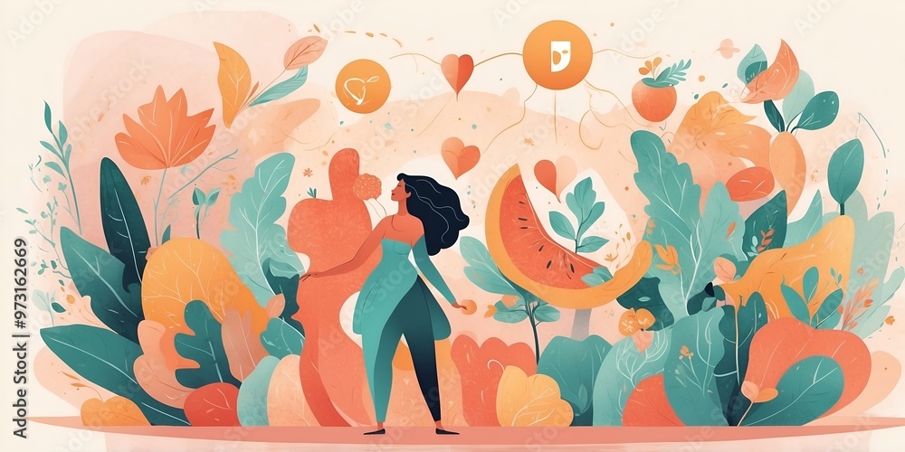 A vibrant, colorful illustration of a woman interacting with nature and fruits in a garden setting for a YouTube channel banner. Generative AI A vibrant, colorful illustration of a woman interacting with nature and fruits in a garden setting for a YouTube channel banner. Generative AI