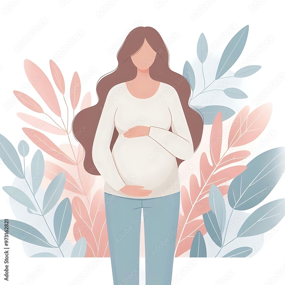 A flat-style illustration of a pregnant woman standing gracefully, surrounded by soft leaves. Ideal for maternity, wellness, and nature-themed designs. Simple, elegant, and calming composition. A flat-style illustration of a pregnant woman standing gracefully, surrounded by soft leaves. Ideal for maternity, wellness, and nature-themed designs. Simple, elegant, and calming composition.