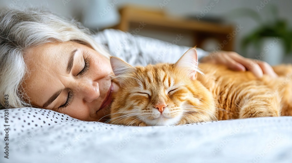 Woman sleeping soundly with her cat on the bed.