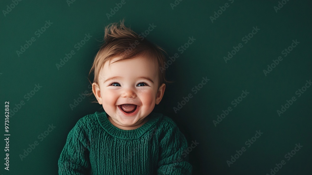 happy baby smiling in green sweater