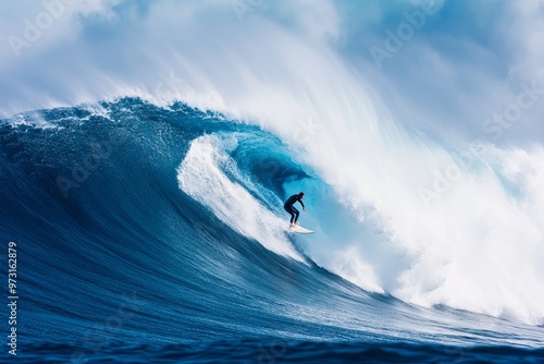 Surfer riding a massive wave on a sunny day at a popular surf spot, showcasing skill and adventure in ocean waters