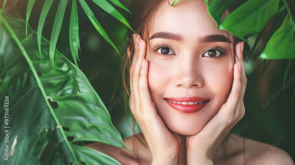 Asian woman framed by tropical green leaves, holding face gently with both hands, smiling brightly. Soft natural light highlights healthy skin and vibrant beauty in a lush, nature-inspired setting, Asian woman framed by tropical green leaves, holding face gently with both hands, smiling brightly. Soft natural light highlights healthy skin and vibrant beauty in a lush, nature-inspired setting,
