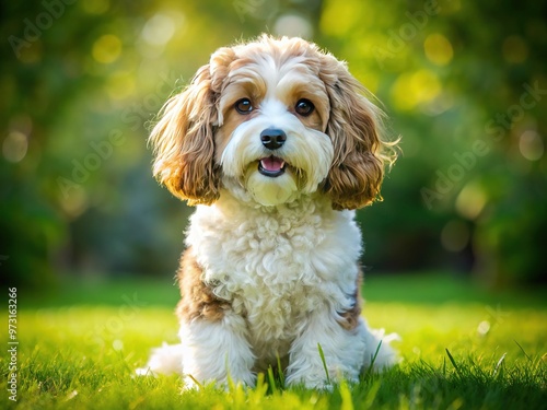 Adorable fluffy cavachon dog with curly white and black fur, big brown eyes, and sweet expression sitting on a green grassy lawn on a sunny day. photo