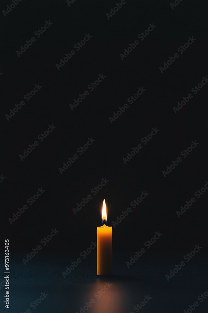 Single lit yellow candle in dark setting Single lit yellow candle in dark setting