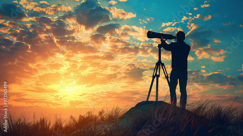 Sun gazing, telescope viewing. Silhouette of photographer at sunset. 