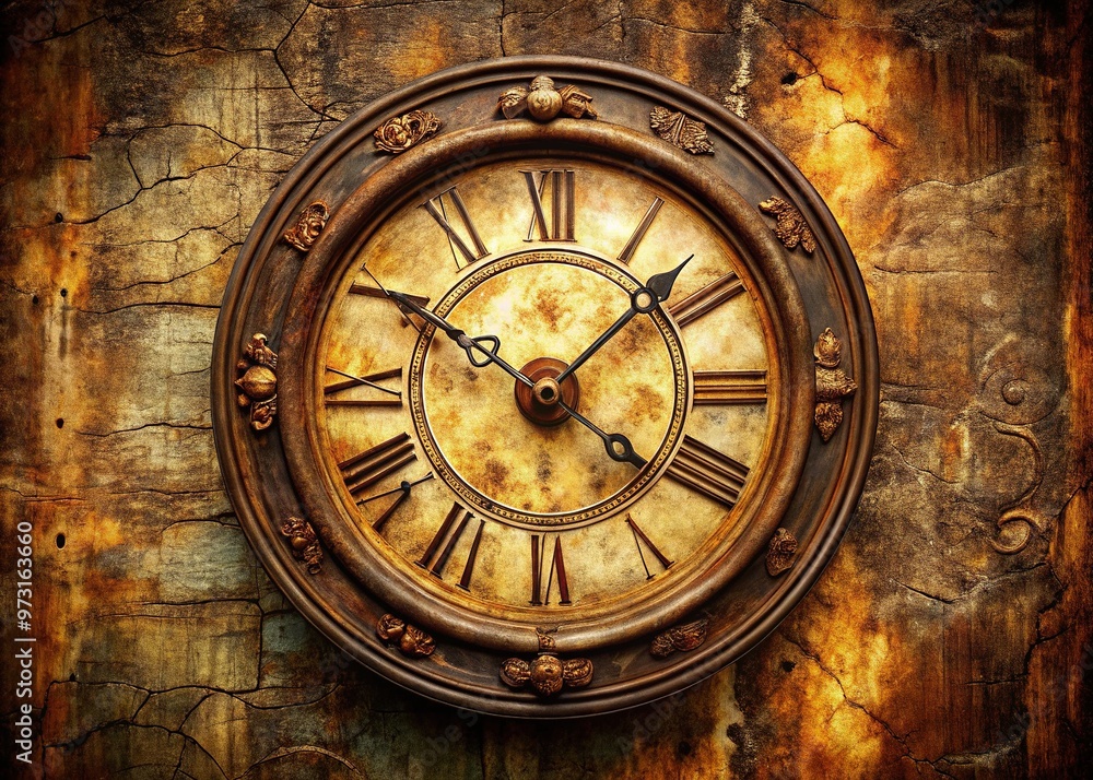 Fototapeta premium Aged patina cloaks an antique clock face, Roman numerals worn smooth against a weathered background of gentle wisdom and timeless tales.