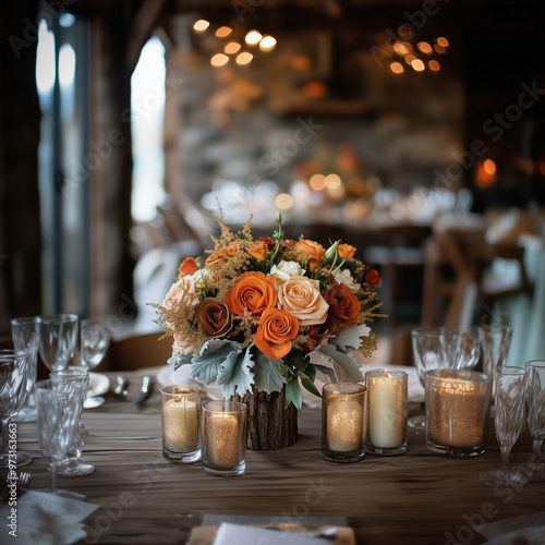 A wedding table centerpiece featuring an autumnal bouquet with flowers in Pumpkin Orange, Creamy White, and Espresso Brown. Perfect for a rustic and elegant fall wedding.