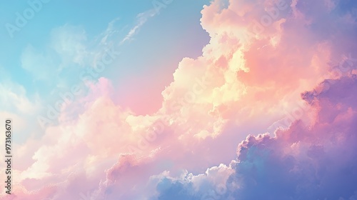 Soft pastel pink, yellow, and blue clouds in the sky.