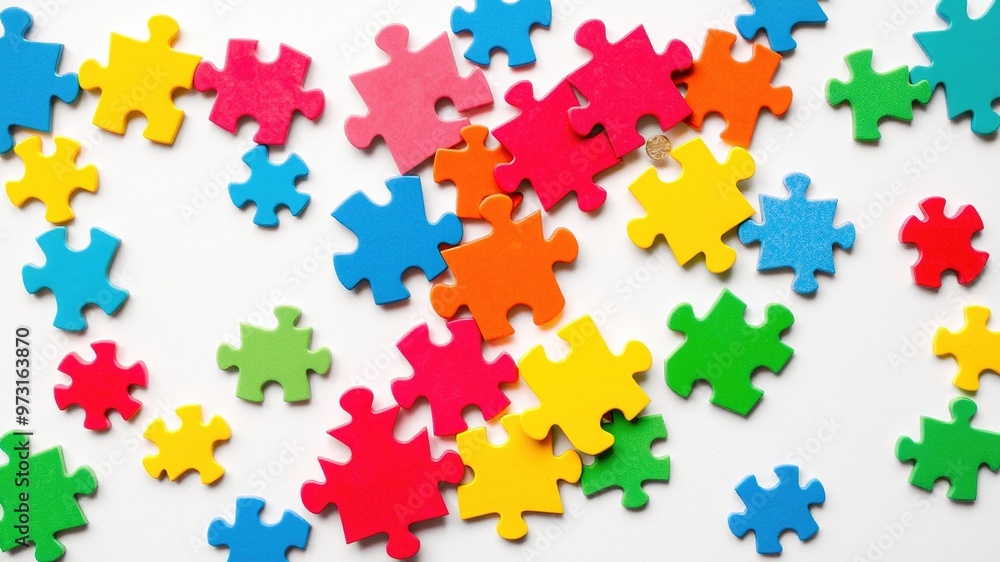 A group of colorful puzzle pieces of various shapes and sizes are arranged on a white background, forming a vibrant and energetic geometric pattern. A group of colorful puzzle pieces of various shapes and sizes are arranged on a white background, forming a vibrant and energetic geometric pattern.