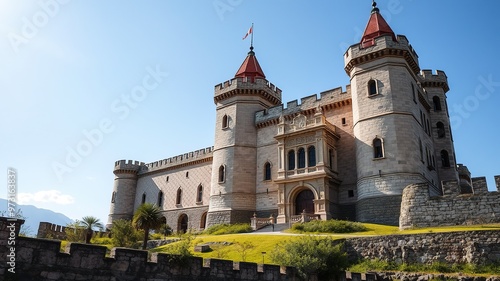 A grandiose, ornate stone-fronted fortress stands sentinel, its imposing towers and turrets towering amidst a serene, sun-drenched landscape of lush greenery and ancient, weathered stone walls. photo