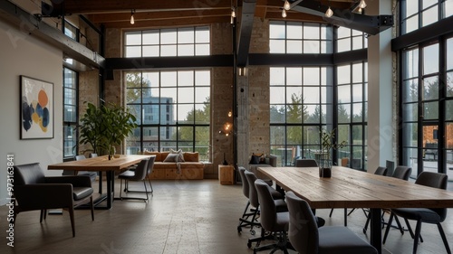 Modern industrial living space for office interiors with exposed metal and concrete textures