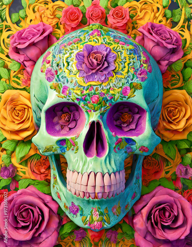 psychedelic human skull and roses