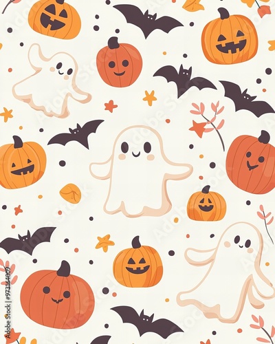 Cute Halloween card, pastel color palette, adorable ghosts, smiling pumpkins, and tiny bats.