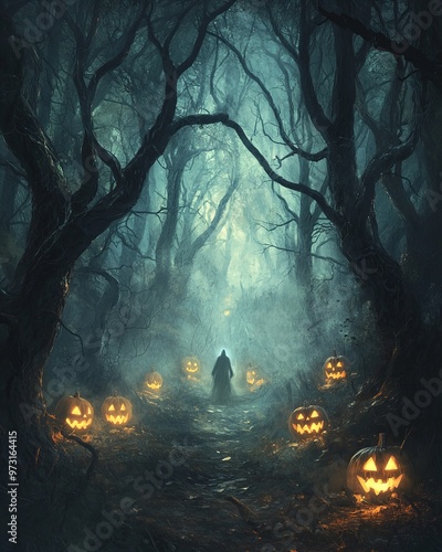 Dark and moody Halloween greeting card, haunted forest with shadowy trees, a ghostly figure drifting through mist.