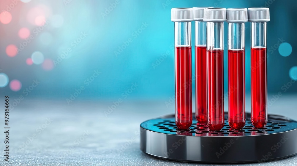 Five test tubes filled with red liquid, representing blood samples in a laboratory setting. Five test tubes filled with red liquid, representing blood samples in a laboratory setting.