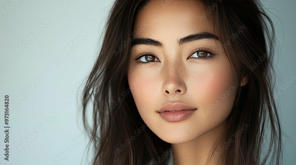 Close-up portrait of a woman with freckles and long brown hair Close-up portrait of a woman with freckles and long brown hair