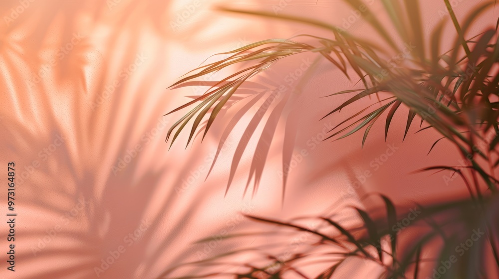 A palm tree with its leaves casting a shadow on a pink background