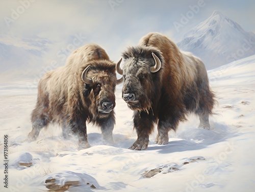 Two musk oxen standing on snowy ground with a mountain in the background.