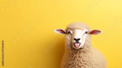 playful sheep with tongue out against yellow background