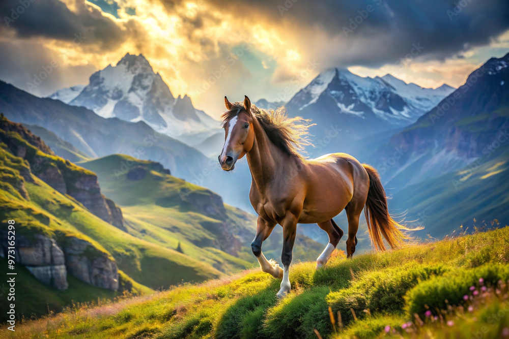 Brown Horse Running on a Mountainside with a Snowy Peak in the Background Brown Horse Running on a Mountainside with a Snowy Peak in the Background