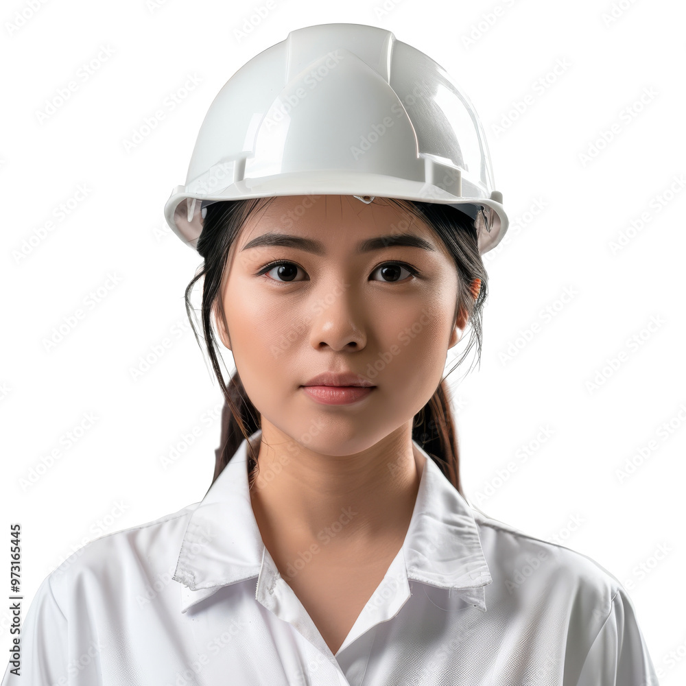 Portrait of a Female Engineer in White Hardhat Isolated on Transparent Background Portrait of a Female Engineer in White Hardhat Isolated on Transparent Background