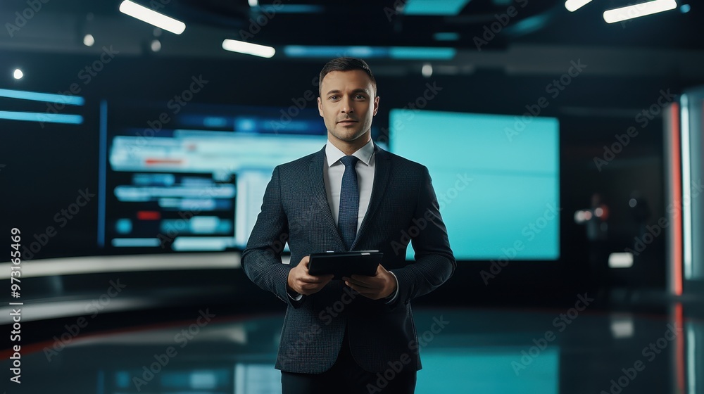 Professional TV presenter in a modern studio, standing confidently with cityscape background on screen, suited for news broadcasting and media presentations. Professional TV presenter in a modern studio, standing confidently with cityscape background on screen, suited for news broadcasting and media presentations.