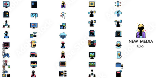 New media simple concept 40 colour icons set. Contains such mass media, social networks, public media, journalism, communication, networking .Vector illustration.