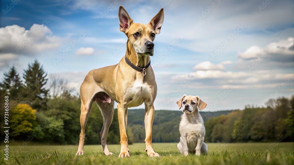A small but fiercely determined Chihuahua stands tall next to a giant Great Dane, emphasizing the importance of courage over physical stature. A small but fiercely determined Chihuahua stands tall next to a giant Great Dane, emphasizing the importance of courage over physical stature.
