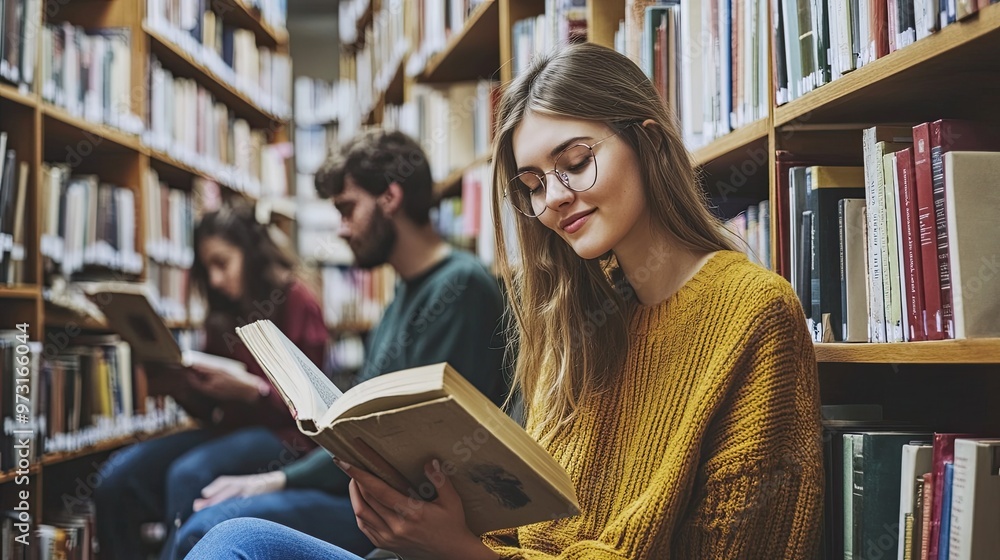 Young Woman Reading in Library Surrounded by Books Young Woman Reading in Library Surrounded by Books