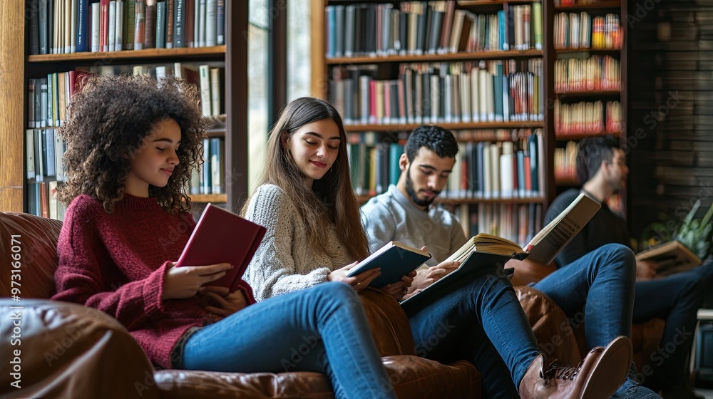 People Reading Books in a Cozy Library Setting People Reading Books in a Cozy Library Setting