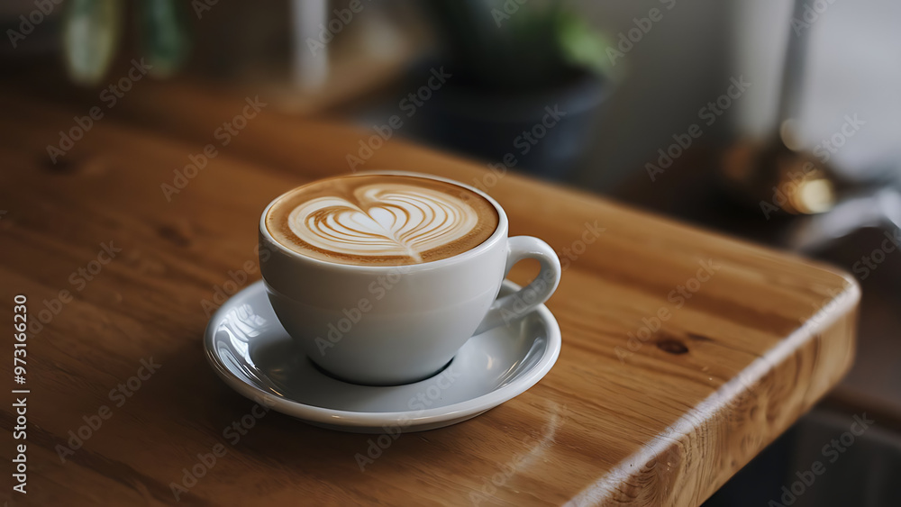 Obraz premium A cup of cappuccino coffee on a wooden table with a chocolate heart topping.