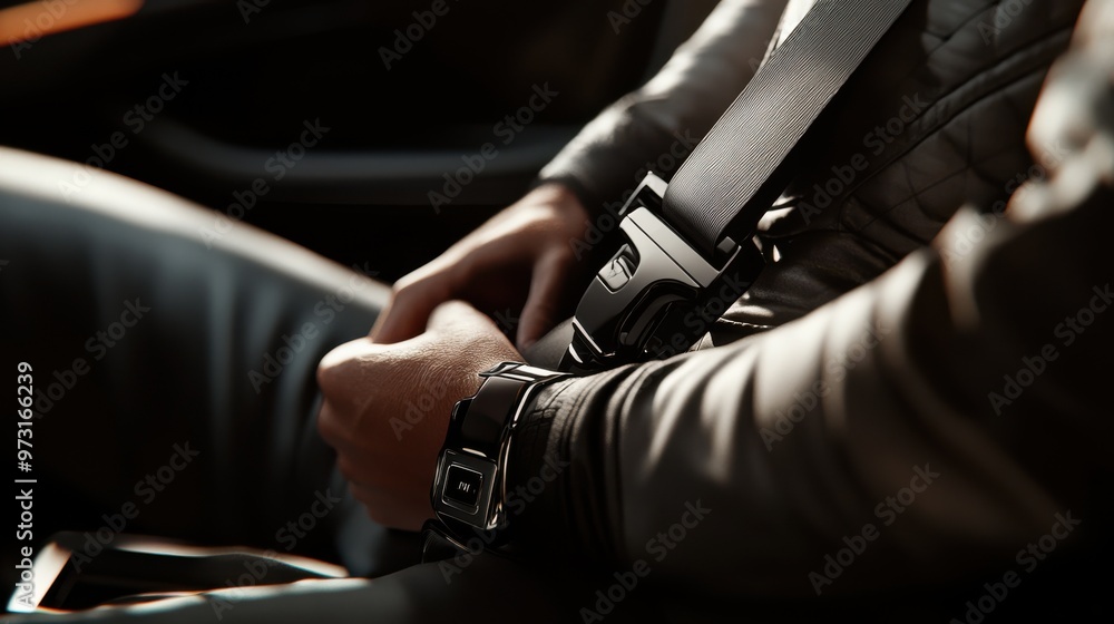 Close-up of a European man's hands fastening a car seatbelt, wearing a smart watch, symbolizing safety and modern lifestyle in a luxury vehicle setting Close-up of a European man's hands fastening a car seatbelt, wearing a smart watch, symbolizing safety and modern lifestyle in a luxury vehicle setting