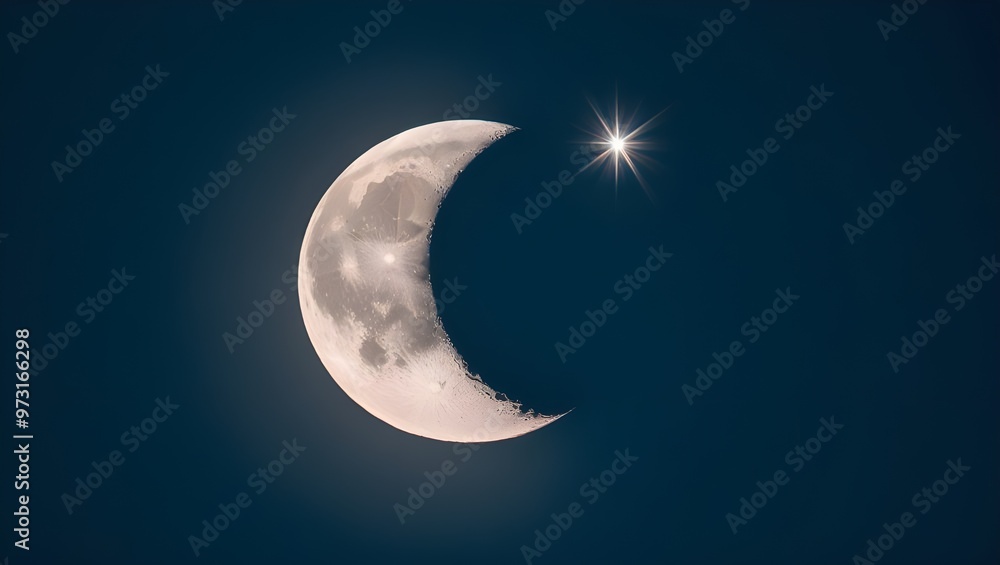 Moon in the night sky with a bright star, creating a serene celestial scene.
Moon in the night sky with a bright star, creating a serene celestial scene.