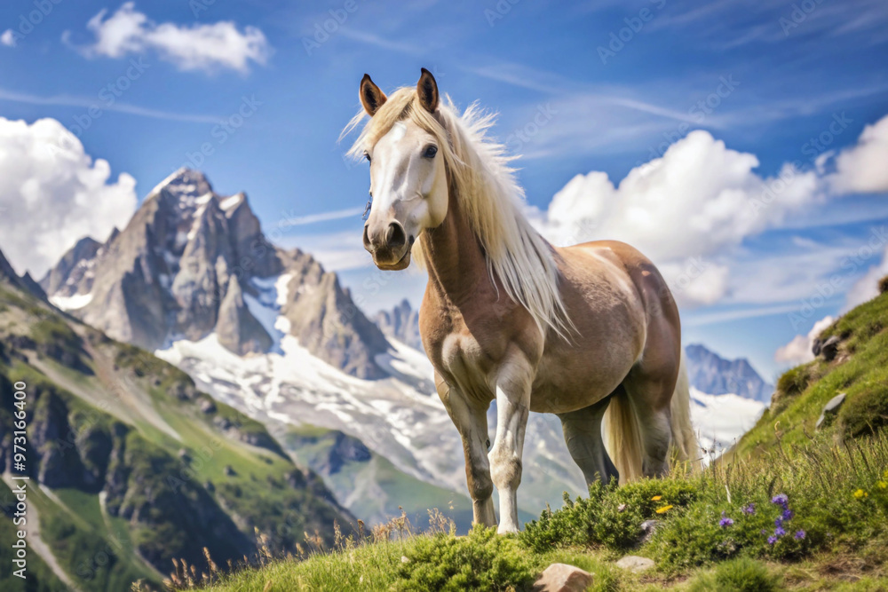 A Blonde Horse Stands on a Mountaintop Against a Scenic Backdrop A Blonde Horse Stands on a Mountaintop Against a Scenic Backdrop