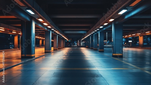 Empty parking garage at night with illuminated columns and a calm atmosphere