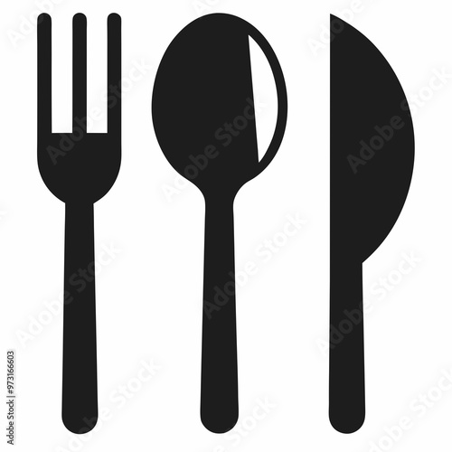 Vector black illustration of Knife, fork and spoon on white on white background