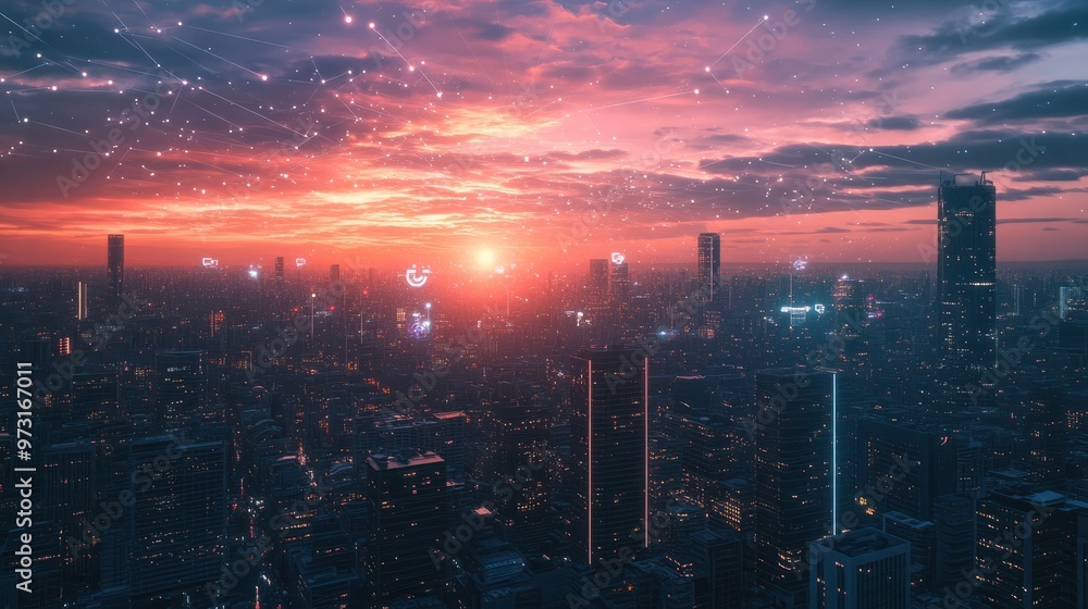 Fototapeta premium A city at twilight, illuminated by an interconnected 5G network