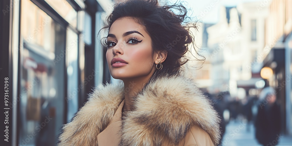 A young woman wearing a fur collared coat looks to her left in the city. A young woman wearing a fur collared coat looks to her left in the city.
