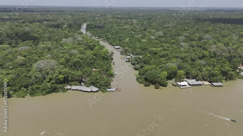 Drone flies over Guamá River toward Igarapé do Combu in Belém, Pará, Brazil photo