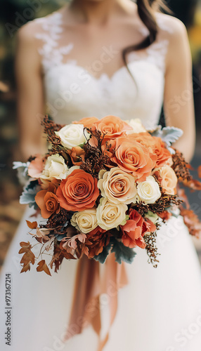 A bride holding an autumnal bouquet featuring flowers in Pumpkin Orange, Creamy White, and Espresso Brown. A warm and rustic fall wedding scene.
