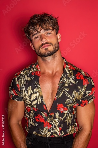 A 20-year-old European or American man, wearing a stylish cocktail dress, with an enraptured expression, against a pure red background. 